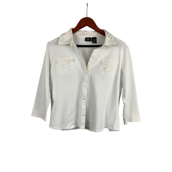 Womens White Stretch Button-Down Shirt L - Picture 1 of 4